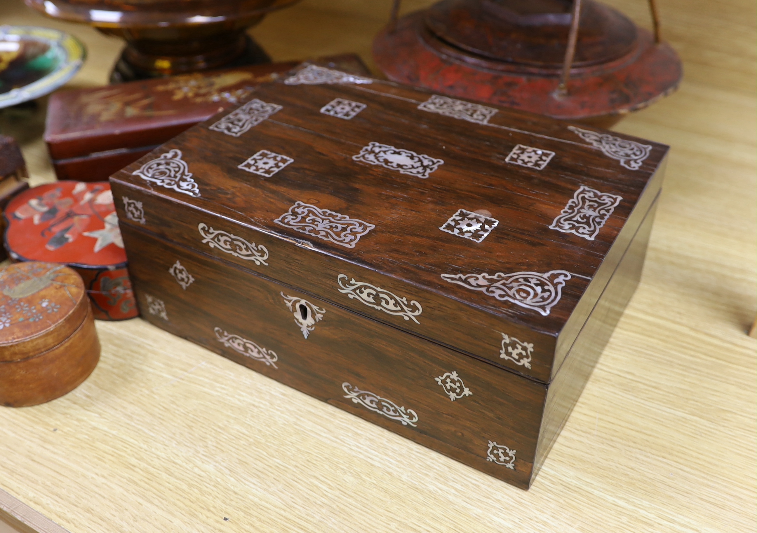 A Victorian mother of pearl inlaid rosewood box, glass pedestal bowl, Wedgwood majolica pedestal dish and various lacquer wares